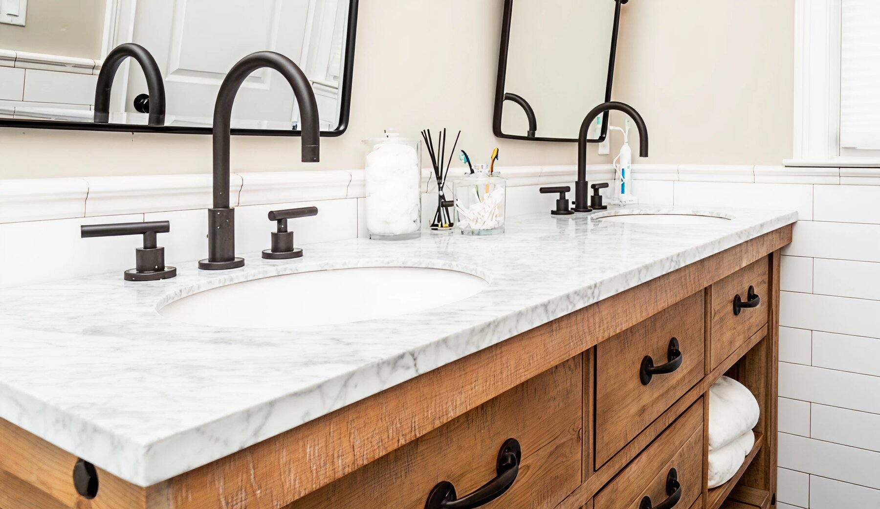 Bathroom vanity with patterned wall tile and gold fixtures