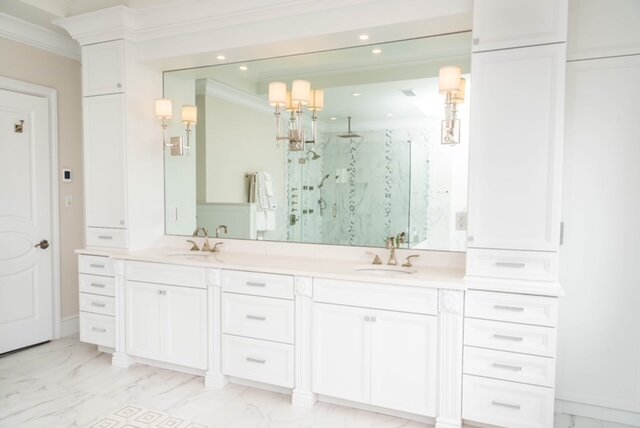 White bathroom double vanity with framed mirrors