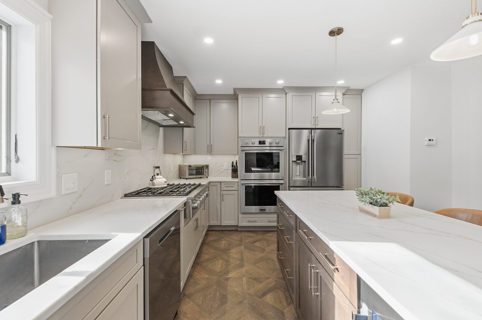 Renovated kitchen with custom cabinetry, view 016