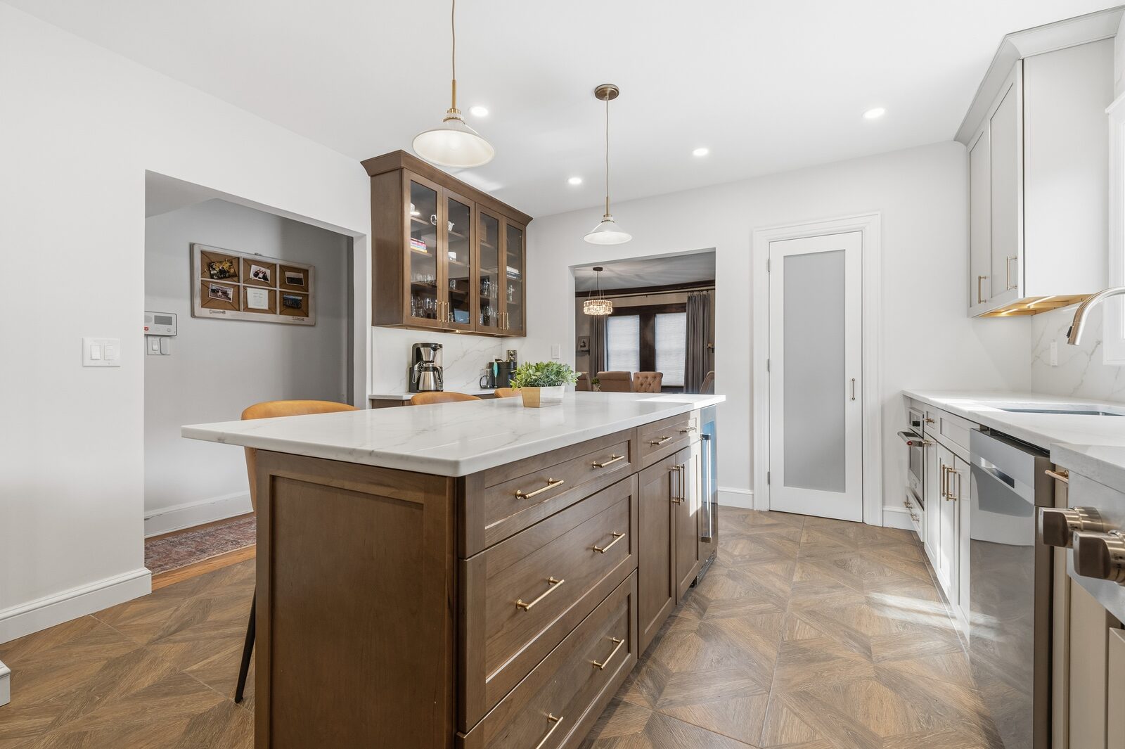 Renovated kitchen with custom cabinetry, view 038